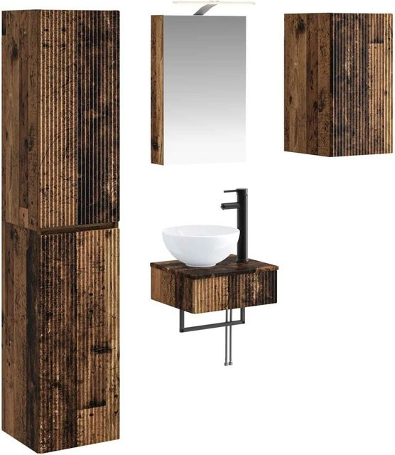 vidaXL Badezimmermöbel-Set 5-teilig aus Altholz und Glas in Braun mit LED-Beleuchtung und Spiegelschrank - Bild 1