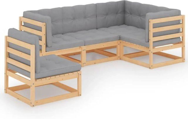 vidaXL 5-tlg Garten-Lounge-Set aus massivem Kiefernholz in L-Form mit grauen Polstern und Kissen - Bild 1
