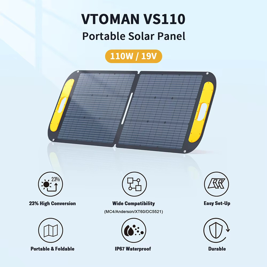 VTOMAN VS110 Faltbares Solarpanel mit 110 W, 23 % hocheffiziente monokristalline Zellen, IP67 wasserdichte ETFE-Oberfläche, verstellbarer Ständer und MC4-Anschluss in Schwarz - Bild 2