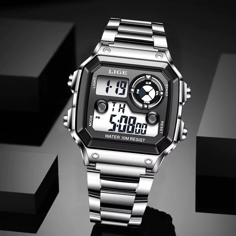 LIGE Digitaluhr, Edelstahl, eckig, Herren, Alarm, Datum - Bild 3