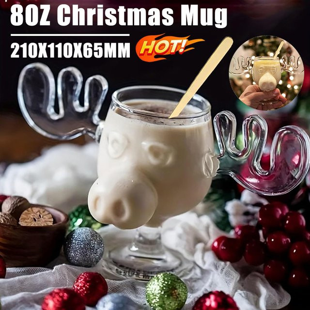 APWIKOGER Weihnachten Rentier Becher aus Glas mit Elchkopf Design, 240 ml - Bild 1