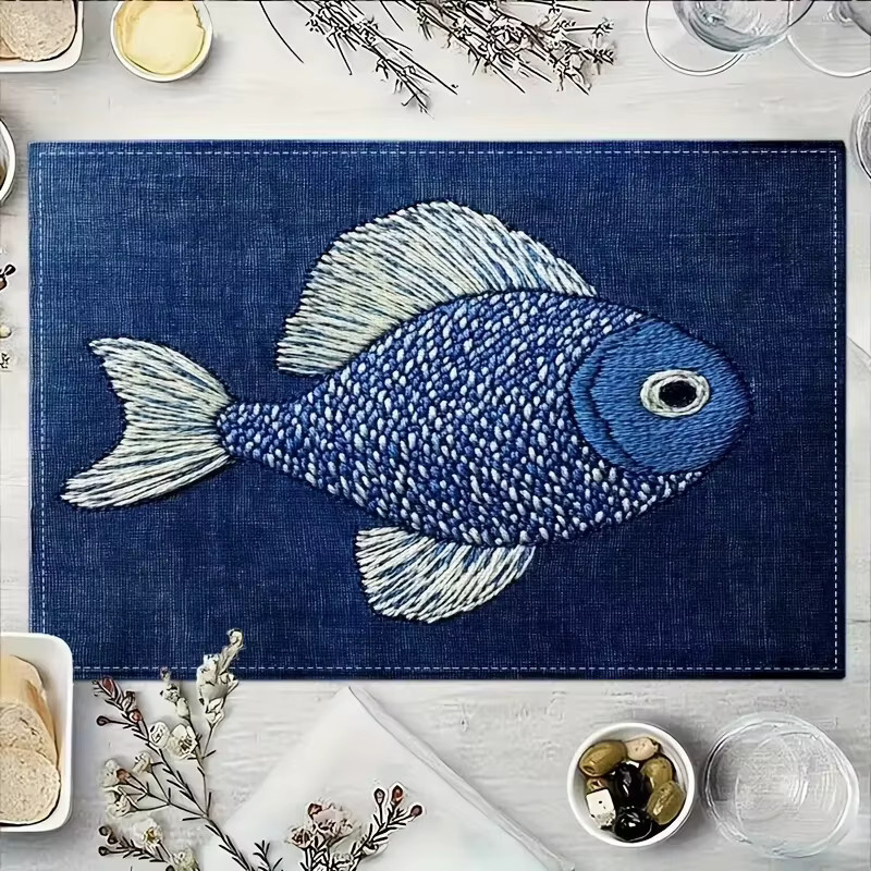 VIKAMA 4-teiliges Tischset im Ozean-Stil mit blauem Fisch-Motiv, wasserdicht und leicht zu reinigen, B/T: 40 x 30 cm - Bild 3