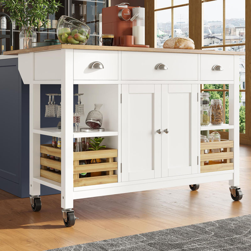 Moderne Kücheninsel mit klappbaren Seiten und multifunktionalem Stauraum in Beige und Weiß, B/T/H: 120 x 45 x 90 cm - Bild 2