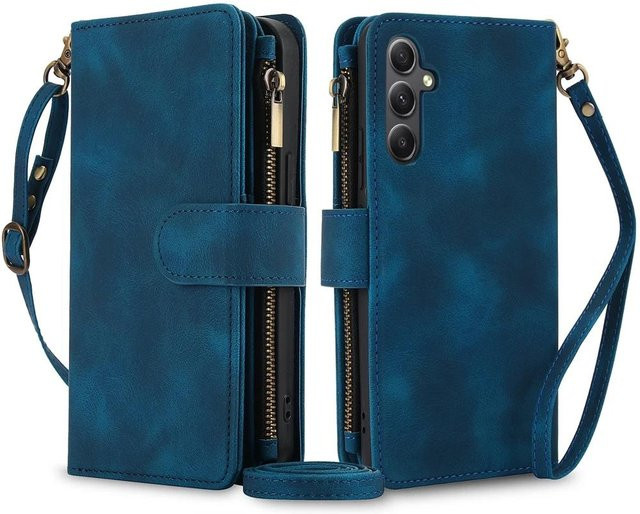 Leder Handyhülle mit Reißverschluss für Samsung Galaxy S26 S25 Ultra S24 FE S23 Plus A55 A54 A53 A35 A34 A15 A14 A13 4G 5G in Blau - Bild 1