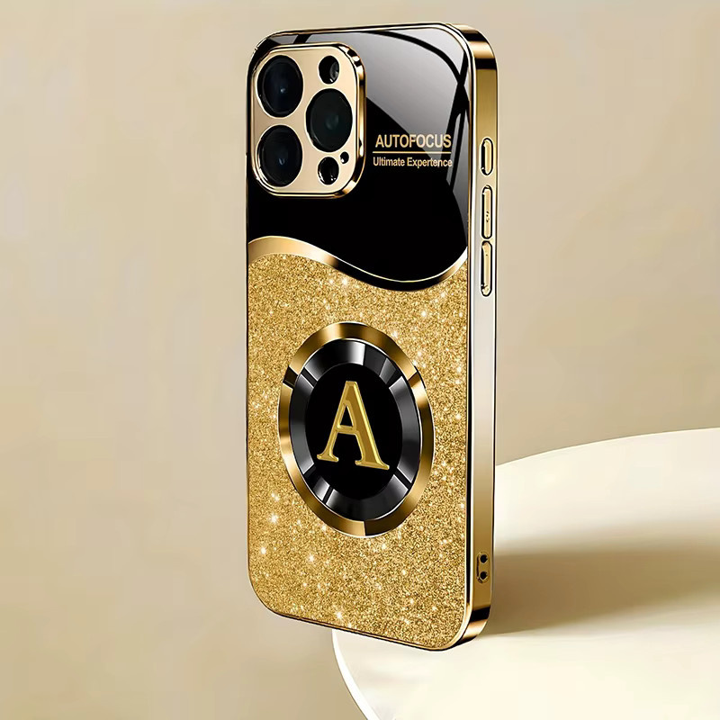 Gold Metallic Lack Glas Handyhülle mit glänzendem Buchstaben-A-Muster für Apple iPhone 11 12 13 14 15 16 17 Pro Max Plus Air 16E - Bild 3