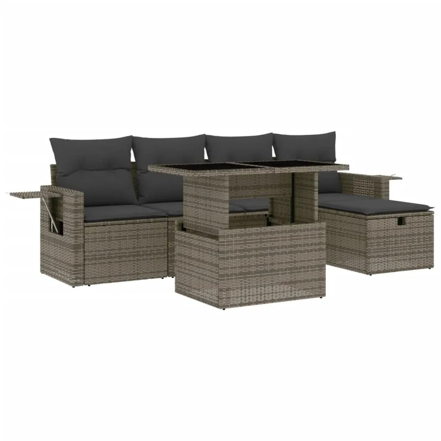 vidaXL 6-teilige Garten-Sofagarnitur in L-Form aus Polyrattan in Grau mit Kissen und Couchtisch - Bild 2