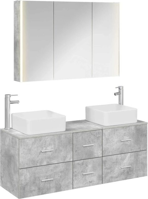 vidaXL Badezimmermöbel-Set 4-teilig in Betongrau mit Waschtischunterschrank, Spiegelschrank und LED-Beleuchtung aus Holz und Glas - Bild 1