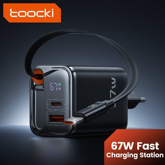 Toocki 67 W GaN USB-C-Ladegerät mit einziehbarem Typ-C-Kabel, Schwarz, Schnellladegerät mit PPS PD3.0 SFC2.0 für iPhone, Samsung und Laptop - Bild 1