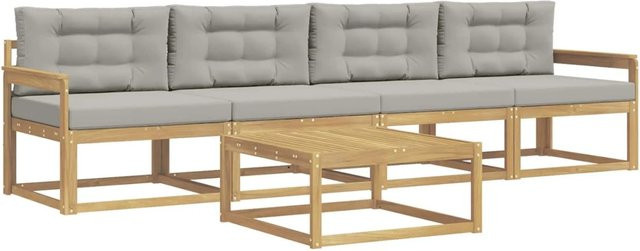 vidaXL Outdoor-Sofagarnitur aus Akazienholz mit 3er-Sofa, Couchtisch und Kissen in Weiß und Grau - Bild 1