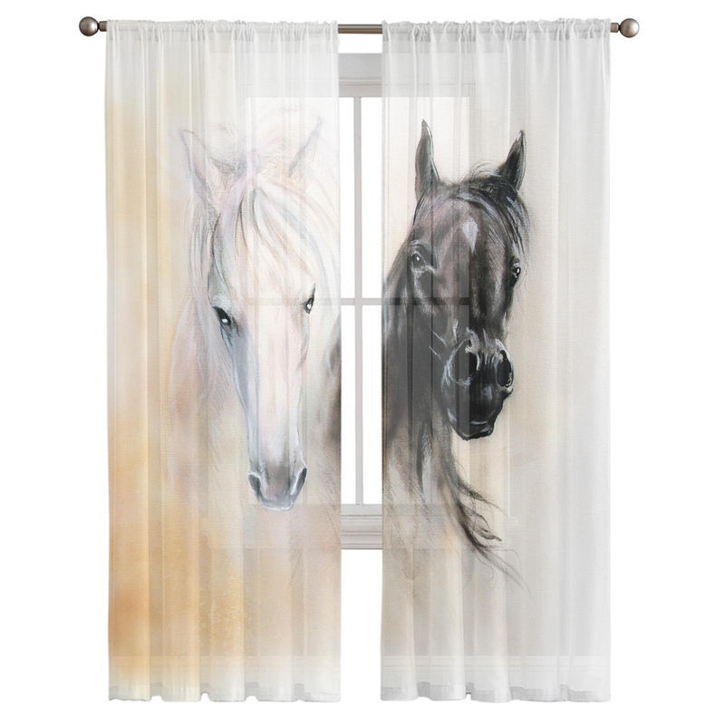 Transparenter Tüllvorhang von A Family Of Home Textiles mit Aquarellmalerei von schwarzen und weißen Pferden, Breite: 135 cm, Höhe: 114 cm - Bild 5