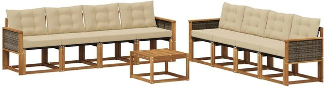 vidaXL Outdoor-Sofagarnitur aus Akazienholz und Textilene mit 9 Kissen in Natur-Beige - Bild 1
