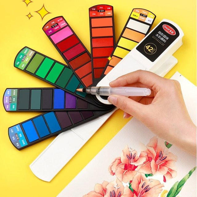 Faltbares Aquarellfarben-Set mit 42 Farben und Wasserpinseln in Multicolour für die Schule - Bild 1