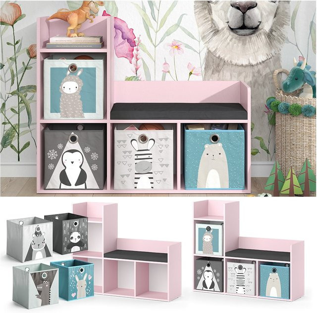 Vicco Kinderzimmer Regal mit Sitzbank Luigi in Pink mit 4 Faltboxen, B: 107 cm, H: 88 cm, T: 153,9 cm - Bild 1