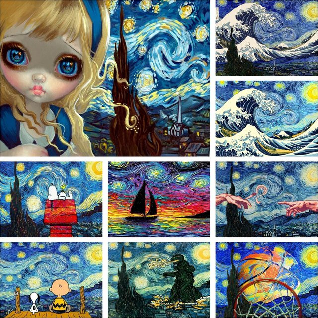 KAYOU Diamond Painting Set Sternennacht von Van Gogh mit Mädchen und Perlenohrring als Mosaik-Stickerei in Multicolour - Bild 1