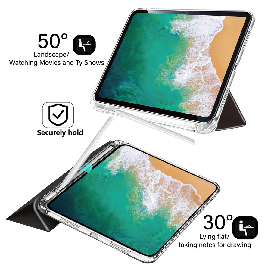 QIJUN Transparente Schutzhülle für iPad Air 1 2 und iPad 9,7 Zoll 5. und 6. Generation mit Stifthalter und 3+Y-fach faltbarem Stand Case in Grau - Bild 2