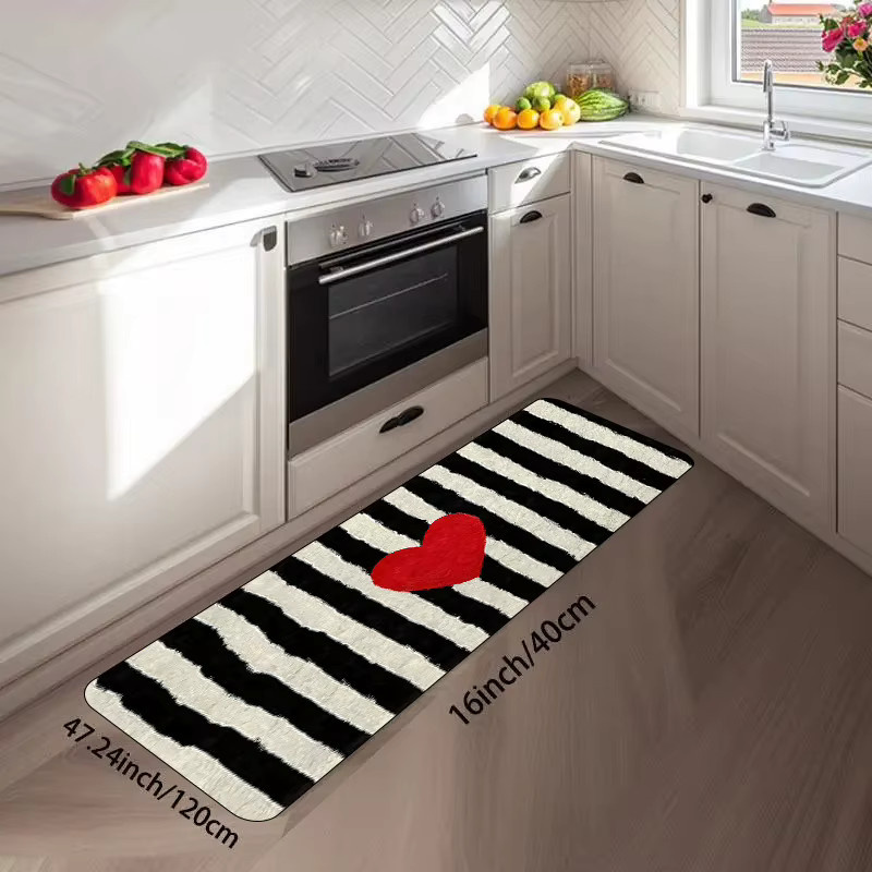 VIKAMA Badezimmer-Anti-Rutsch-Teppich mit minimalistischem schwarz-weiß gestreiftem Design und rotem Herz, rechteckig - Bild 4