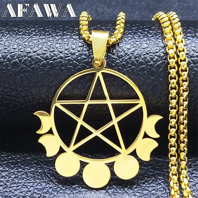 AFAWA Halskette Pentagramm Mond, Edelstahl, Goldfarben, Unisex - Bild 1