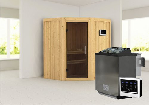 Karibu Sauna Narva aus Fichtenholz in Beige inklusive 9 kW Bio-Kombi-Saunaofen mit externer Steuerung für 3 Personen, B/T/H: 151 x 198 x 170 cm - Bild 1
