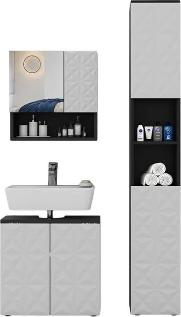 Vicco Badmöbel-Set Edge modern in Schwarz/Weiß bestehend aus Spiegelschrank, Waschbeckenunterschrank und Hochschrank - Bild 2