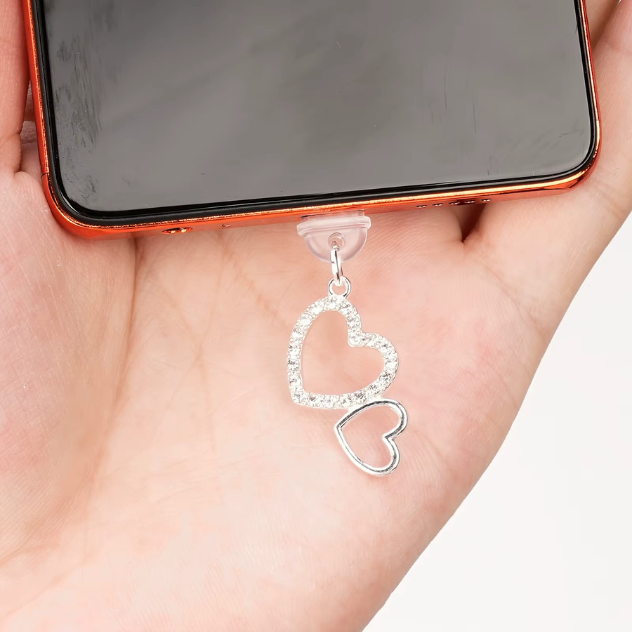 Doppelherz-Staubstopfen aus Legierung mit weißem Kristall für iPhone und USB-C, Farbe: Silber/Weiß - Bild 2