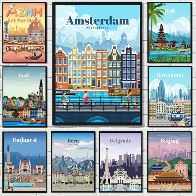 AZNM Vintage Weltstadt-Reiseplakat als Leinwand-Wandkunst mit Retro-Druck von Amsterdam, Florenz, Bali, Barcelona und Peking, Mehrfarbig - Bild 1
