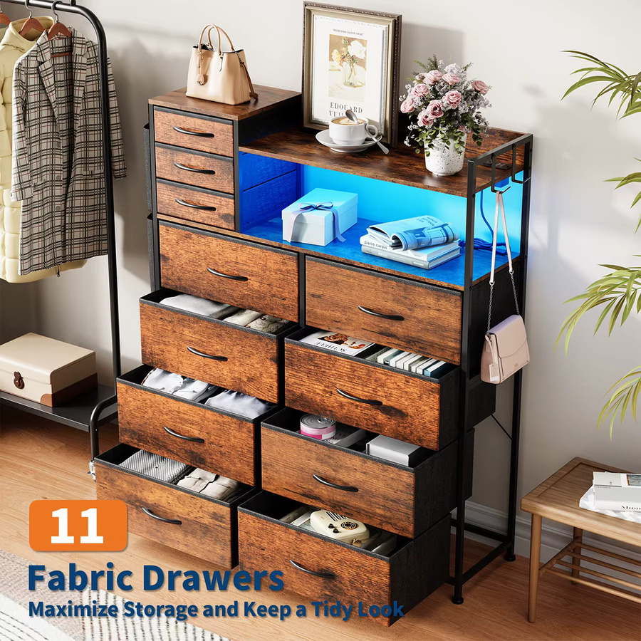 HiMISS Kommode mit 9 Stoffschubladen und offenen Regalen in Braun mit Metallrahmen und Ladestation für Wohnzimmer, Schlafzimmer oder Flur - Bild 3