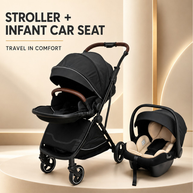 2-in-1 Reisekindwagensystem in Schwarz mit Babyautositz und Babywanne, faltbar - Bild 1