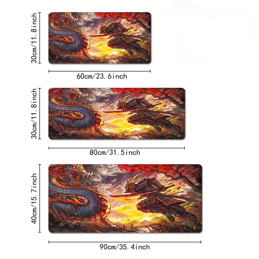 Mairuige Gaming Mauspad mit Flame Dragon und Samurai Battle Design in Schwarz und Multicolour, rutschfeste Schreibtischunterlage mit genähten Kanten - Bild 3