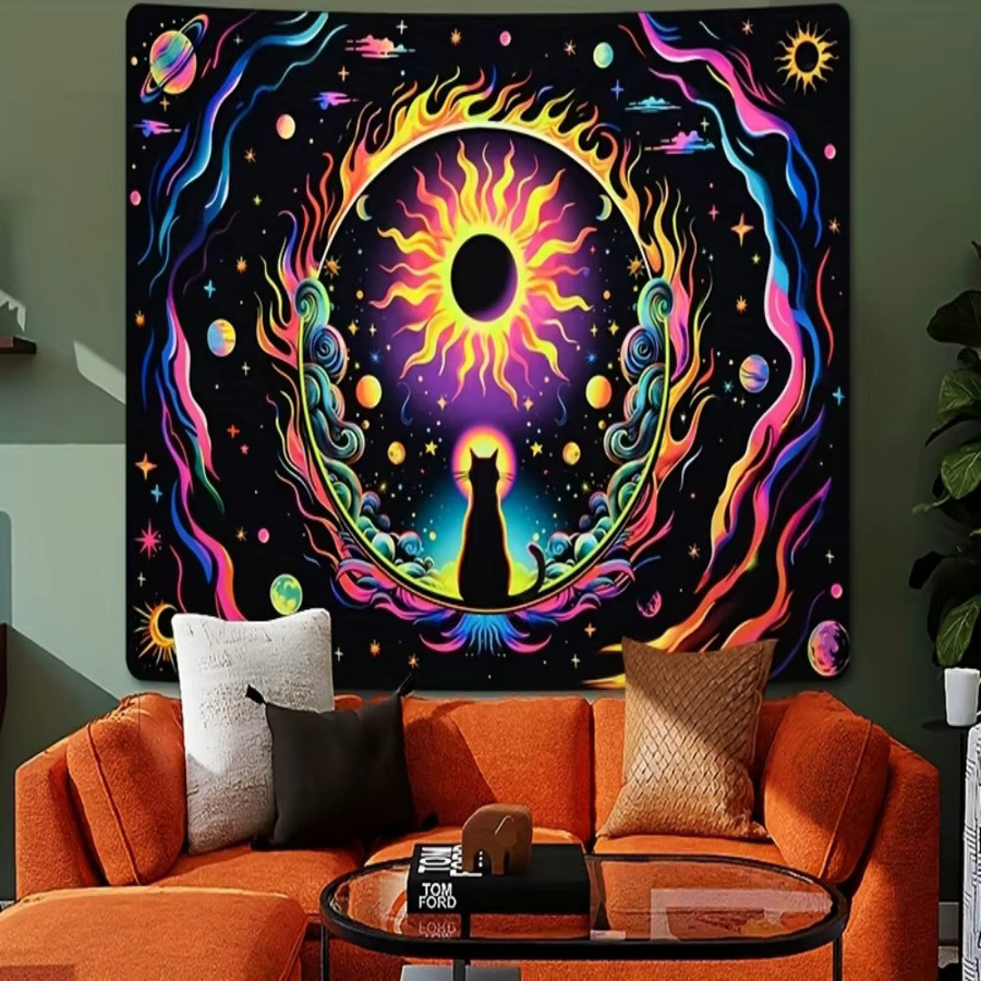 VIKAMA Cyber Cat Wandteppich mit Neon-Farbverlauf und kosmischem Nebel, schwarze Katze und Planeten-Motiv, Mehrfarbig, Breite: 60 cm, Höhe: 40 cm - Bild 2