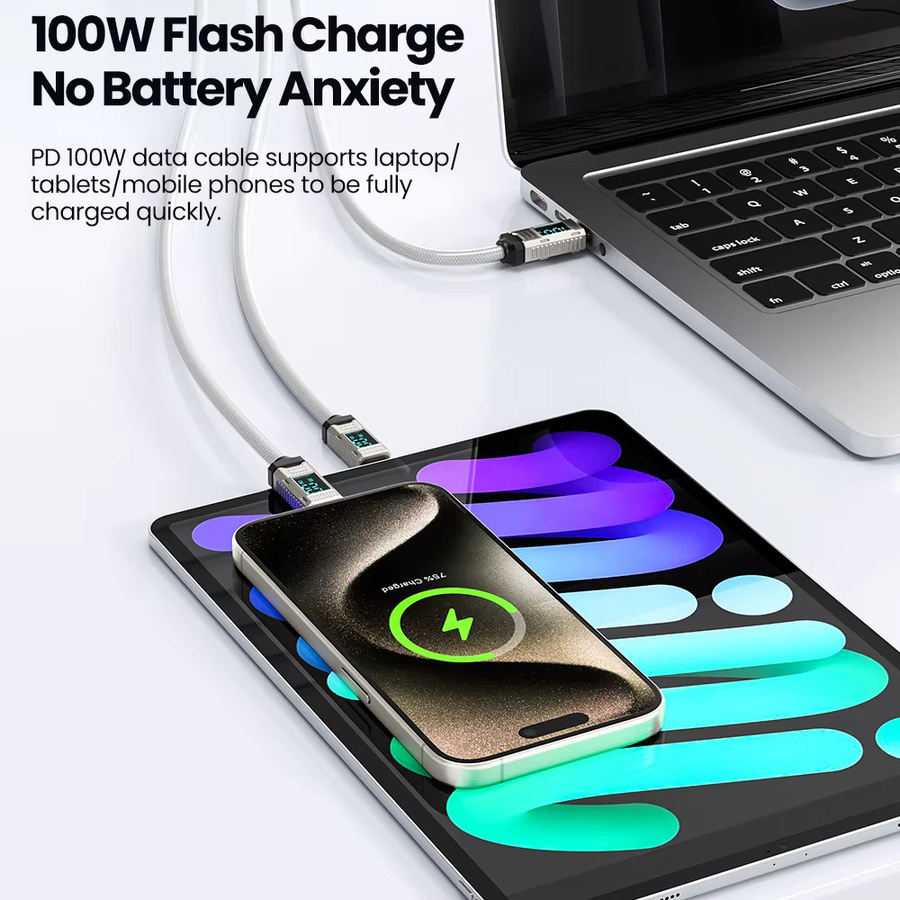 Toocki USB C zu USB C Kabel 100W Schnellladekabel mit Digitalanzeige in Weiß - Bild 2