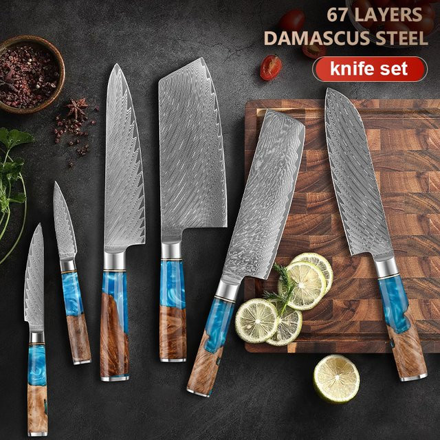 Baovim Profi Küchenmesserset aus Damaststahl mit blauem Harz-Holzgriff, 1–6 Stück - Bild 1