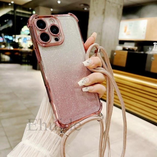 Stoßfeste Crossbody-Armbandhülle für Xiaomi Mi 15T Pro 14T Redmi Note 15 15C 14 14C POCO X6 mit Glitzer-Lanyard in Transparent und Pink - Bild 1