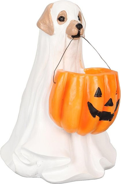 Niedliche Halloween Geisterhund Statue aus Harz mit Kürbis Ornament in Weiß für Innen und Außen - Bild 1