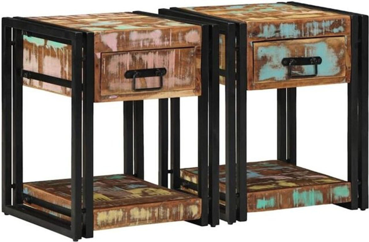 2er Set Nachttische aus Massivholz Altholb in Bunt im Landhaus und Industrial Stil von vidaXL, B/T/H: 40 x 40 x 50 cm - Bild 1