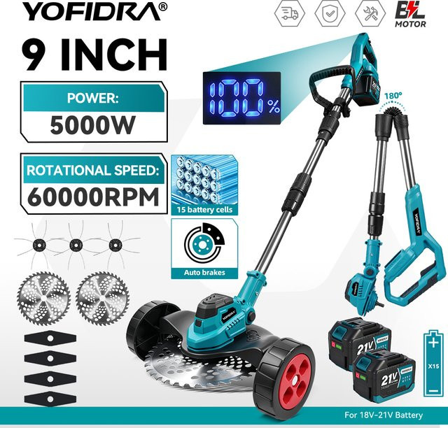 YOFIDRA Bürstenloser 9-Zoll Elektro-Rasenmäher mit 60000 U/min als kabelloser Rasentrimmer für Makita 21V Akku - Bild 1
