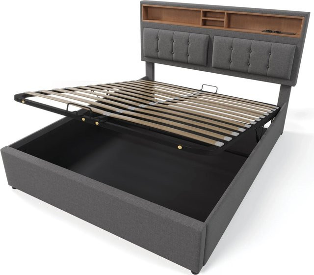 okwish Polsterbett mit Bettkasten und USB-Ladefunktion in Grau, B/T/H: 140 x 200 x 143 cm - Bild 1