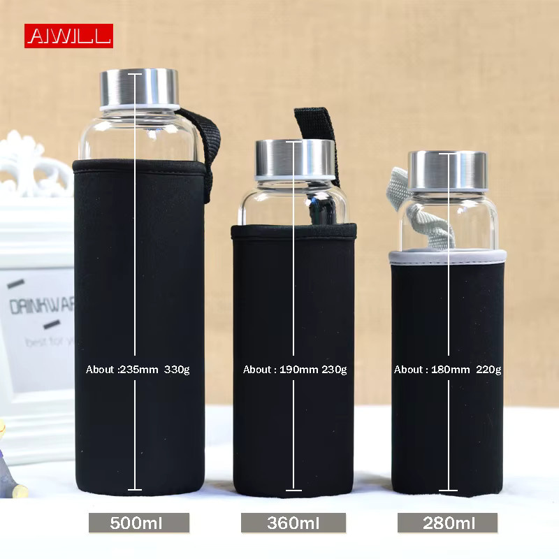 AIWILL Glas Sport Wasserflasche mit Schutzhülle in Transparent und Blau, 280 ml, 360 ml oder 550 ml - Bild 2