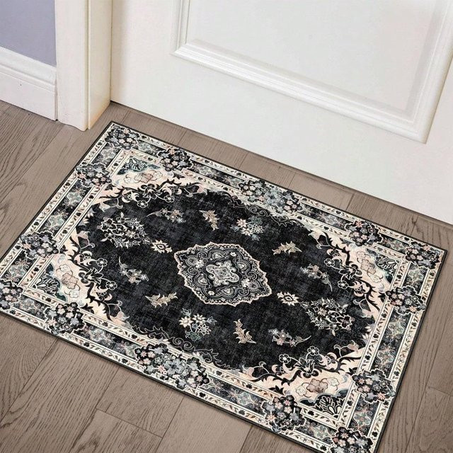 Waschbare Teppichmatte Lodestar im Boho Vintage Design, rutschfest, Farbe Schwarz, B/T/H: 60 x 40 x 1 cm - Bild 1