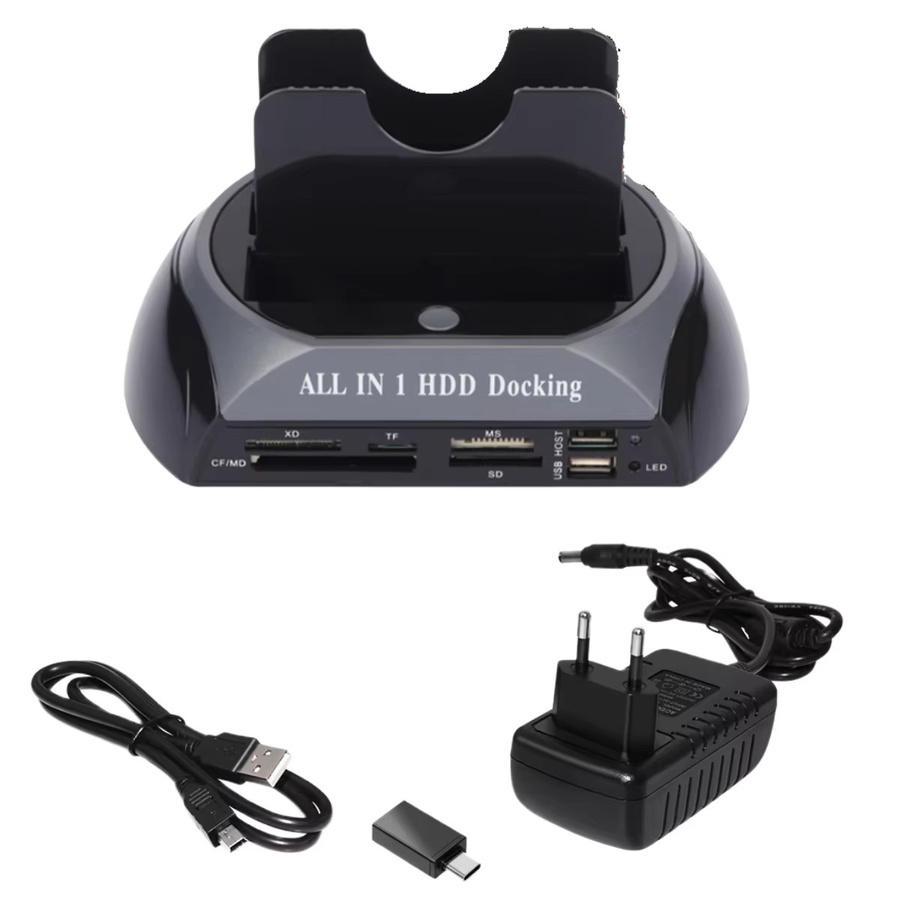 All-in-One USB 2.0 zu IDE SATA Festplatten-Dockingstation mit Doppelhalterung für 2,5-Zoll und 3,5-Zoll sowie Kartenleser in Schwarz - Bild 3