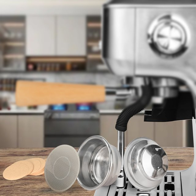 Dalinwell Espresso Siebträger-Set aus Edelstahl mit Druck-Espresso-Filterschüssel, Puck-Sieb und Filterpapier, Silber, Durchmesser: 54 mm - Bild 1