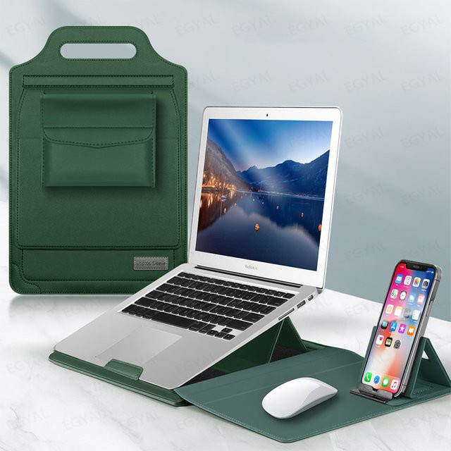 Apple Mehrzweck-Laptop-Hülle aus PU-Leder für MacBook Air und Pro inklusive Mauspad und Halterung in Gold und Grün - Bild 1