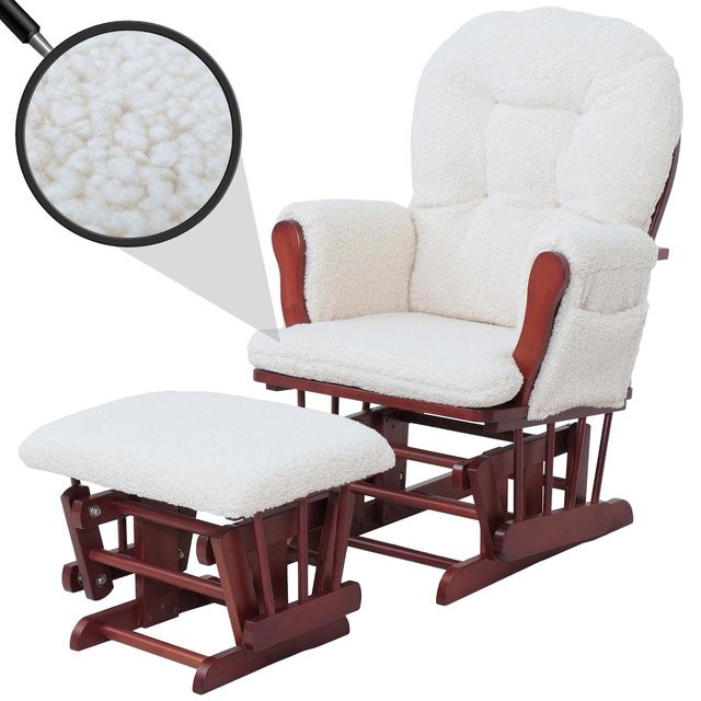 MCW Relaxsessel C76 Schaukelstuhl mit Hocker aus Stoff Bouclé in Creme und dunklem Holzgestell - Bild 1