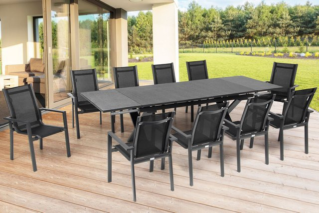OUTFLEXX Garten-Essgruppe in Anthrazit Matt mit ausziehbarem Tisch und 10 Stapelsesseln aus Aluminium, Textilene und Sicherheitsglas, Tisch B: 180 bis 280 cm, T: 100 cm - Bild 1