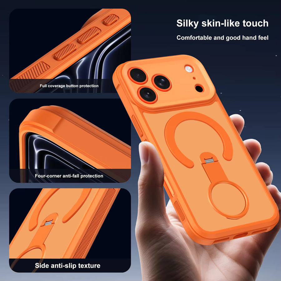 Magnetische MagSafe Handyhülle mit 360 Grad drehbarer Ringhalterung für iPhone, Mattes Cover in Weiß und Orange - Bild 2