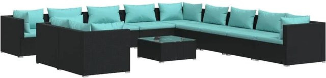 vidaXL 12-tlg. Garten-Lounge-Set in U-Form mit Kissen und Couchtisch, Schwarz und Blau, Poly-Rattan mit Metallgestell - Bild 1