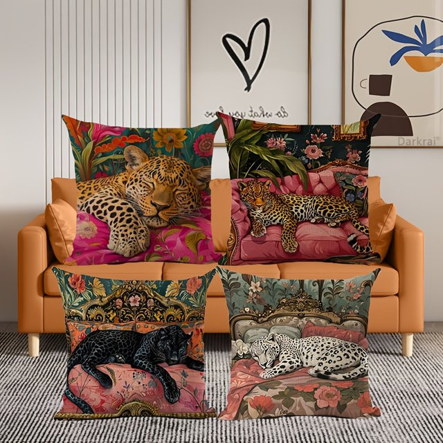 VIKAMA Kissenbezug aus Leinen mit floralem Leopardenmuster in Multicolour, quadratisch, Breite: 30 cm, Höhe: 30 cm - Bild 1