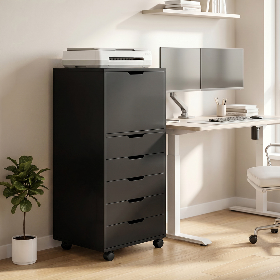 Aosom HOMCOM Büroschrank mit 5 Schubladen in Schwarz, Rollbarer Unterschreibtisch mit Soft-Close und Rollen mit Bremse, B/T/H: 48 x 40 x 100 cm - Bild 2