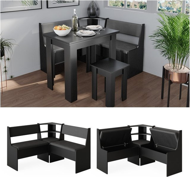 Vicco Eckbankgruppe Roman in Schwarz mit ausklappbarer Tischplatte für Küche und Esszimmer - Bild 1