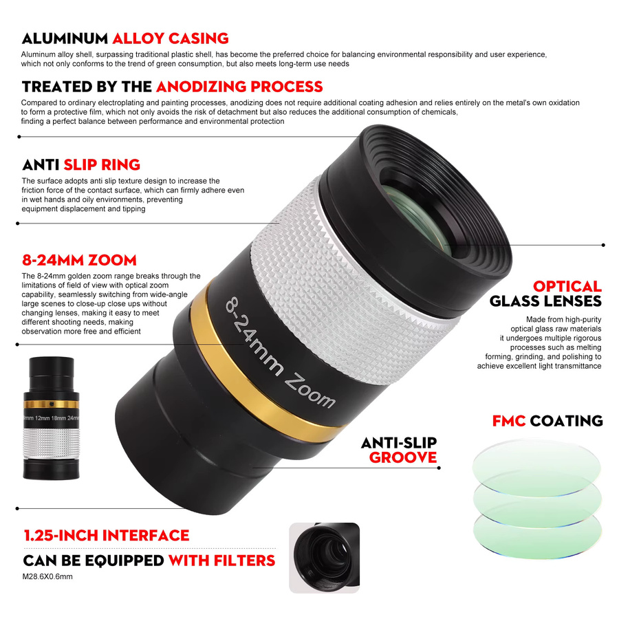 Datyson HD-Zoom-Okular mit 8–24 mm Weitwinkel und mehrfach beschichtetem Objektiv für astronomische Teleskope, 1,25 Zoll (31,7 mm) Schnittstelle, Schwarz/Silber - Bild 6