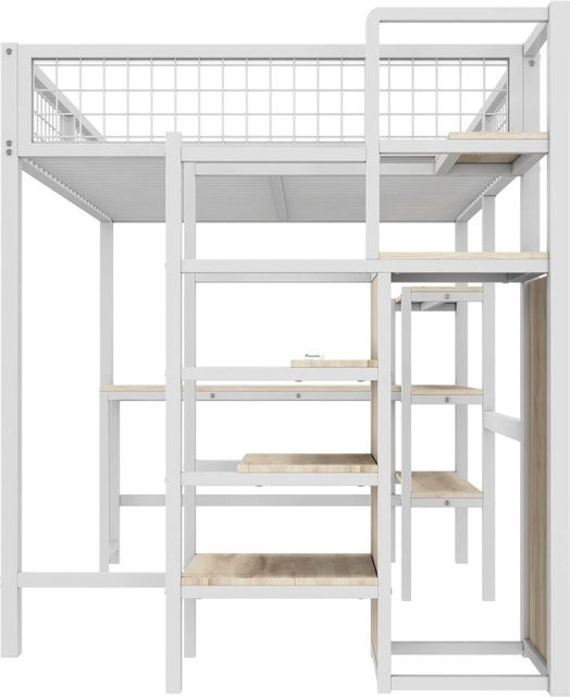 KOMHTOM Hochbett mit Schreibtisch, Einbauschrank und Regalen, Weiß, B/T/H: 140 x 200 x 180 cm - Bild 1